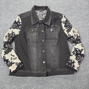 John Mark Jacket Womens Large Black Embellished Knit Sleeves Denim Floral Beaded